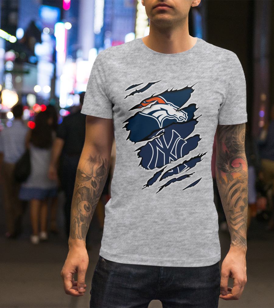 Broncos Yankees Distressed Dual Team Logo Fusion T-Shirt