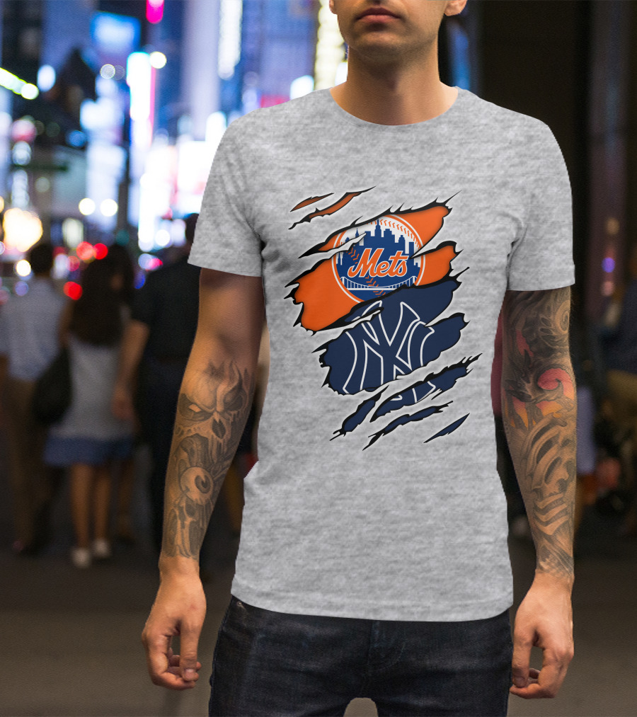 Mets Yankees Logo Tear Skyline Baseball Rivalry T-Shirt