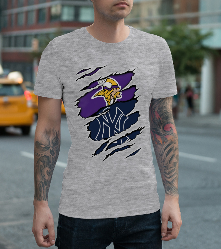 Vikings Yankees Logo Mashup Ripped Effect T-Shirt