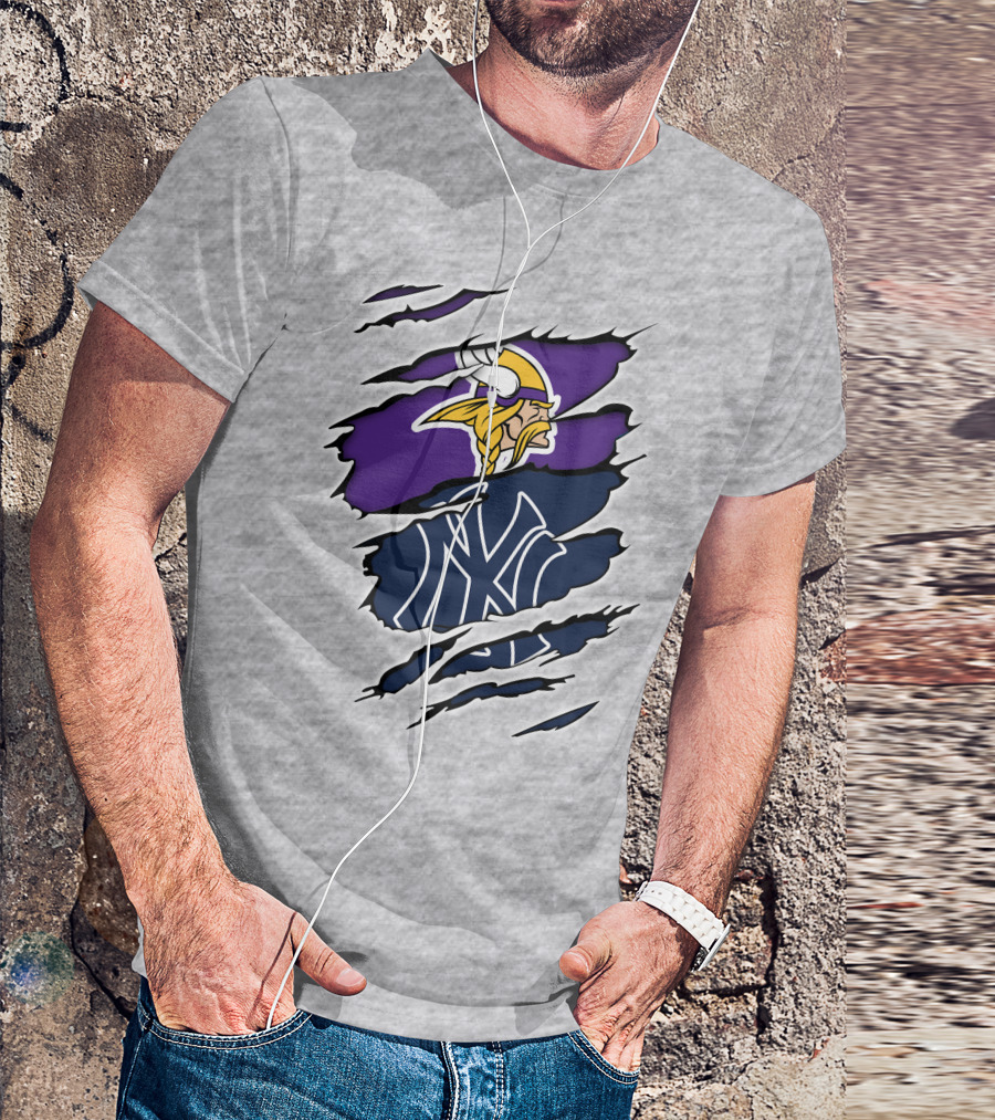 Vikings Yankees Logo Mashup Ripped Effect T-Shirt