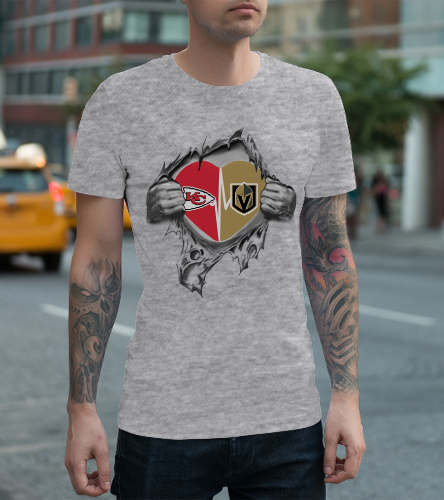 Golden Knights and Chiefs Heartbeat Logo Inside Torn Fabric T-Shirt