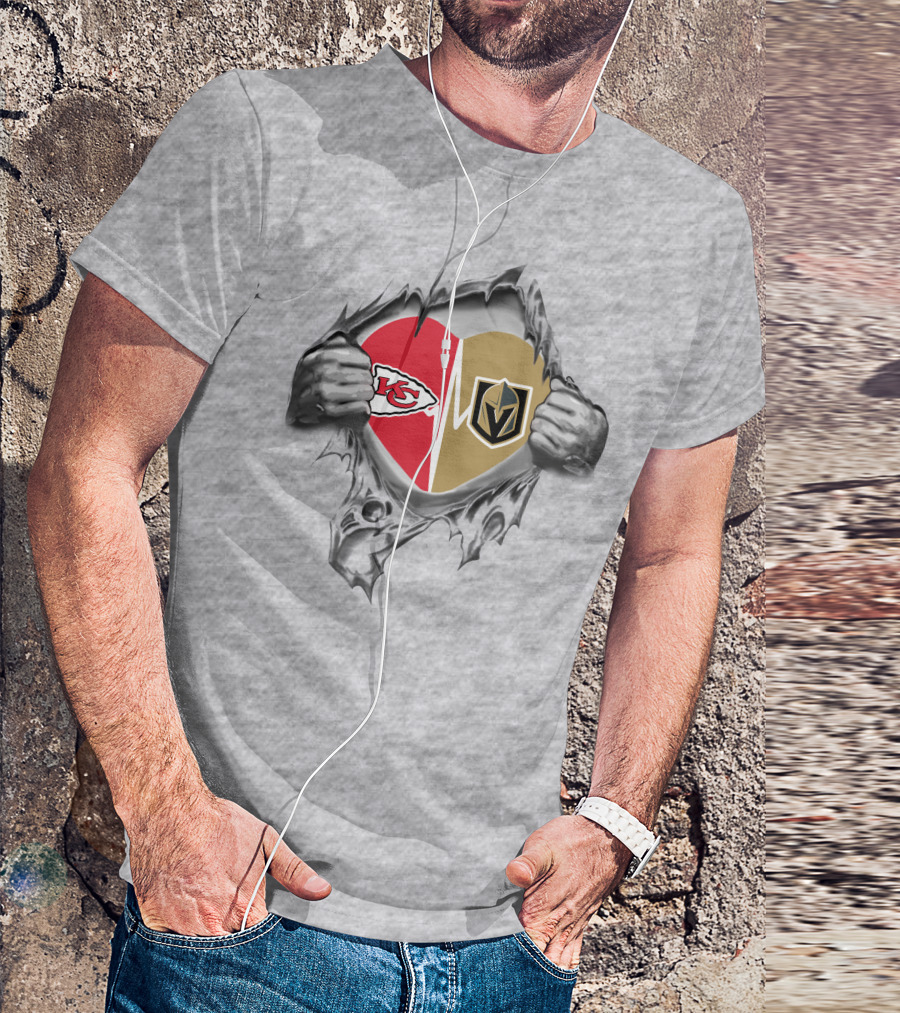 Golden Knights And Chiefs Heartbeat Logo Inside Torn Fabric T-Shirt