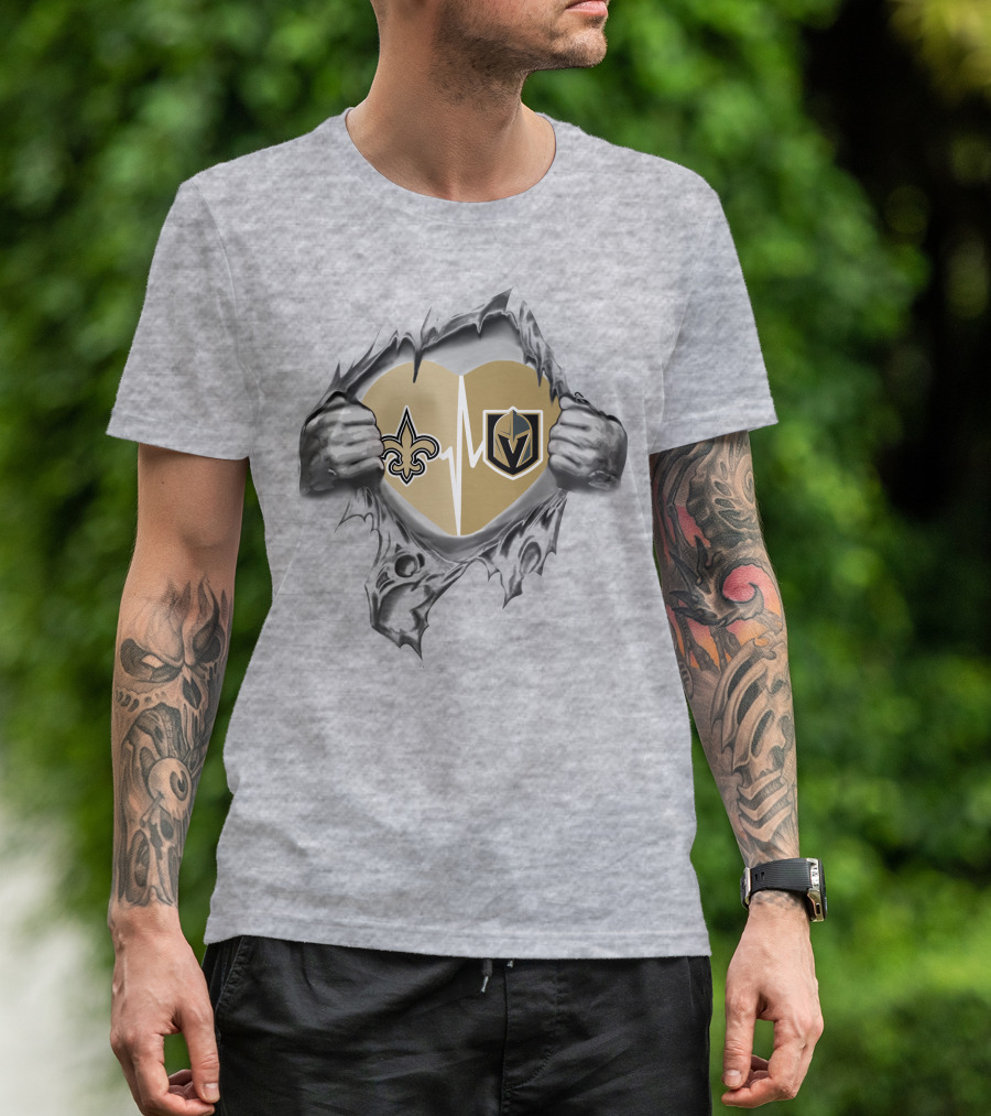Golden Knights And Saints Heartbeat Fleur-de-Lis And Shield Emblem T-Shirt