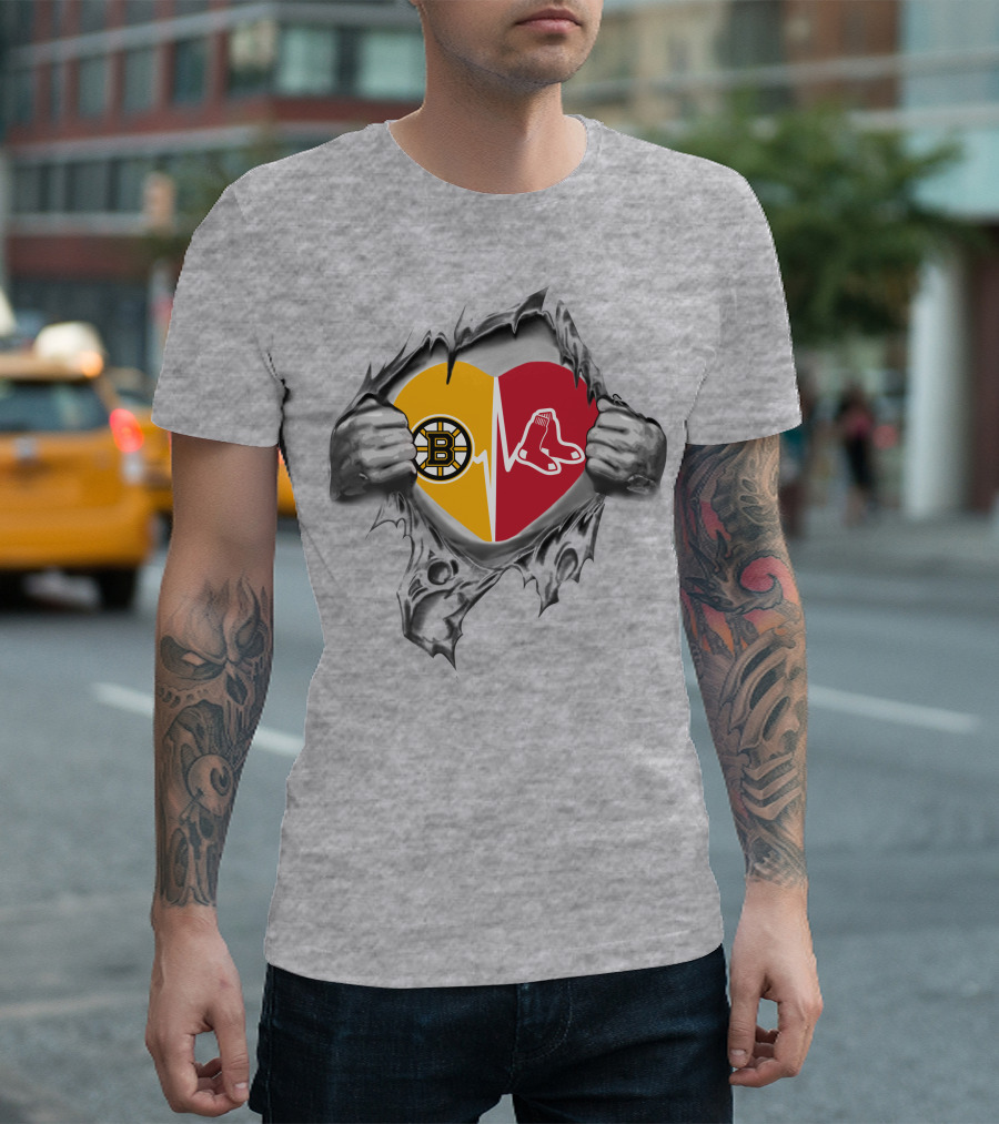 Bruins Red Sox Heartbeat Inside My Heart T-Shirt