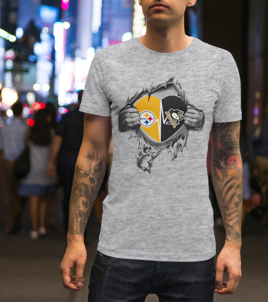 Steelers Penguins Heart With Steelers Star And Penguins Hockey T-Shirt