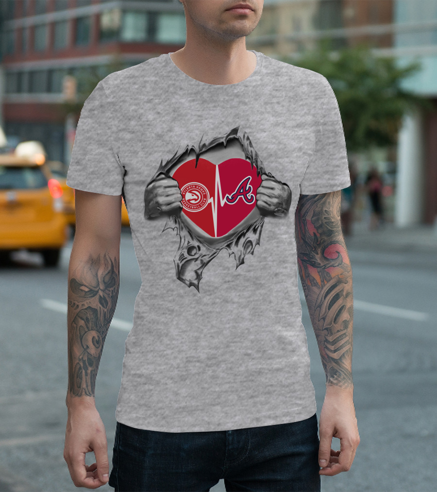 Atlanta Braves Hawks Heartbeat Logo In Torn Fabric T-Shirt
