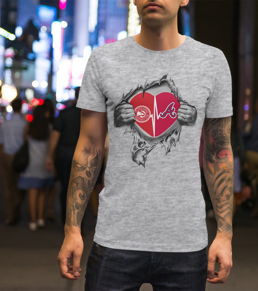 Atlanta Braves Hawks Heartbeat Logo In Torn Fabric T-Shirt