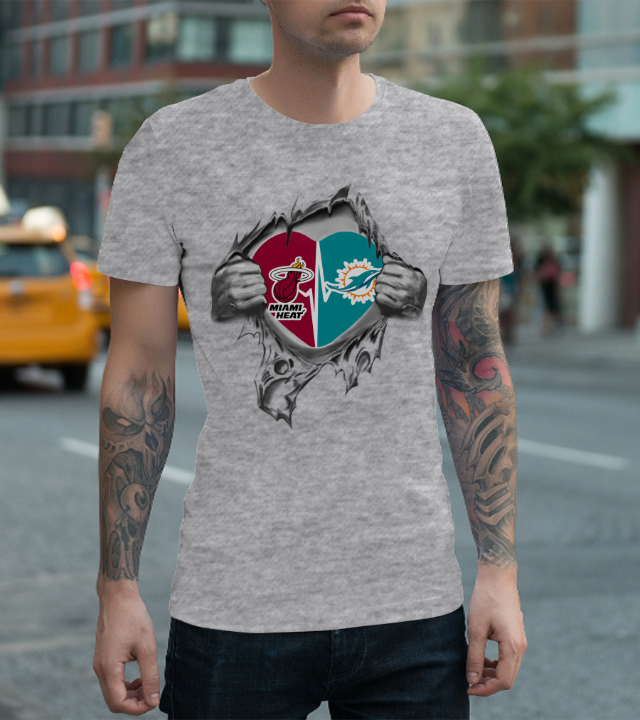 Miami Heat Dolphins Heart Logo Fusion T-Shirt
