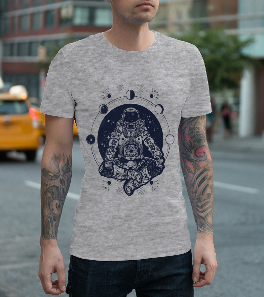 Zen Astronaut Meditating In Cosmic Orbit With Geometric Star Map T-Shirt