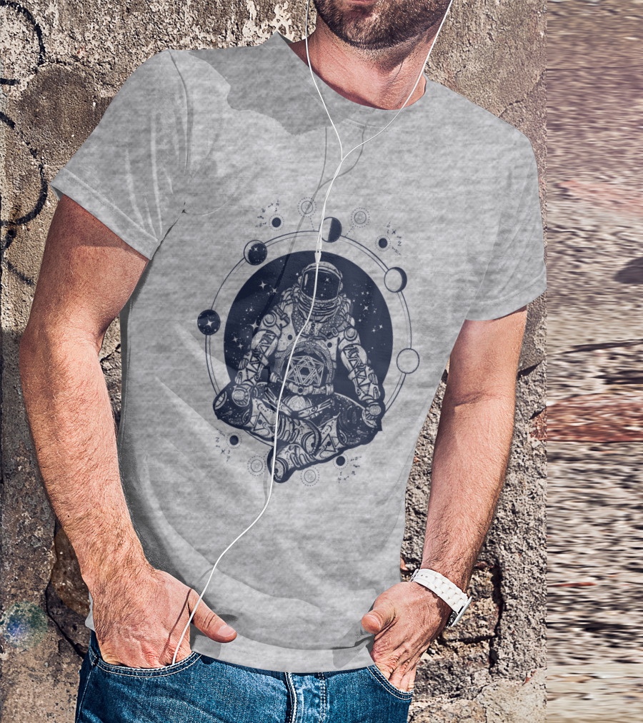 Zen Astronaut Meditating In Cosmic Orbit With Geometric Star Map T-Shirt