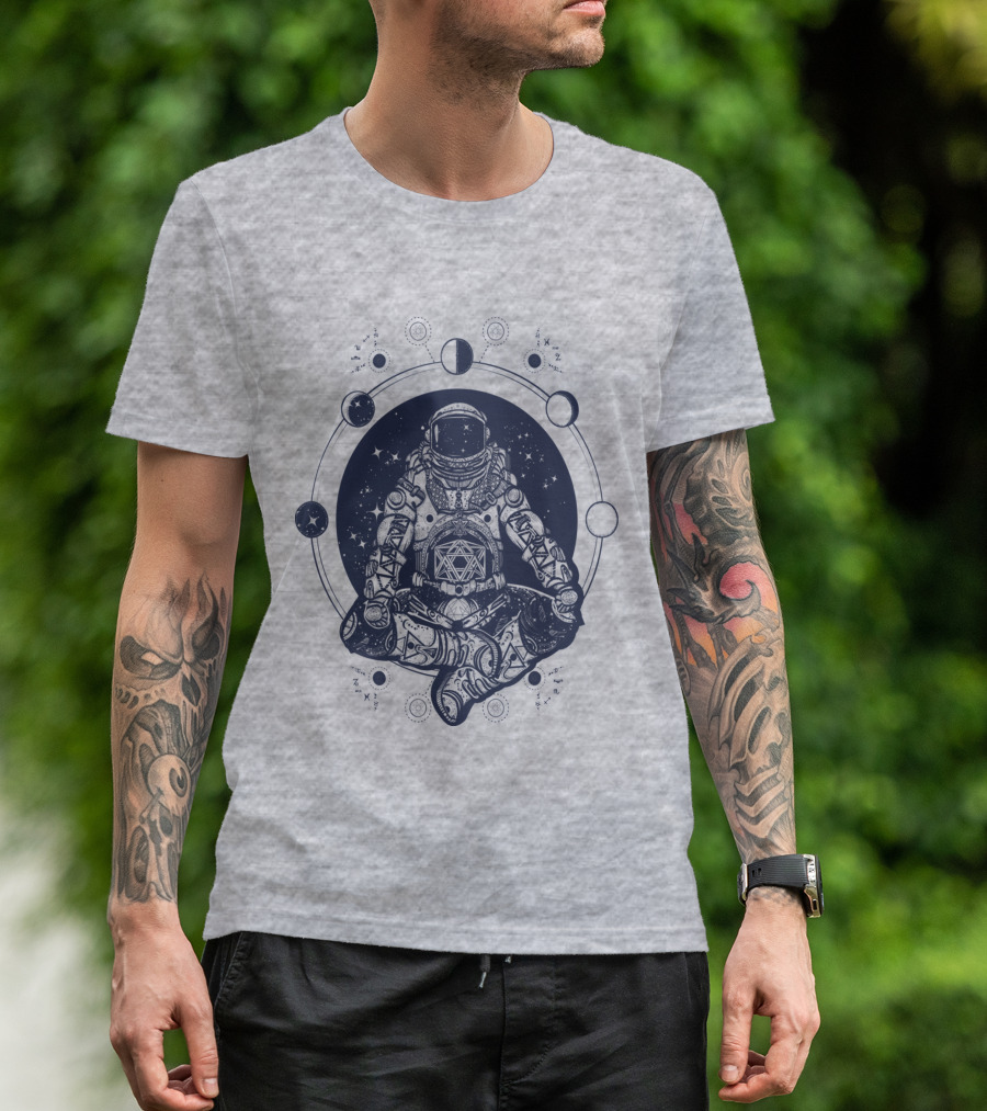 Zen Astronaut Meditating In Cosmic Orbit With Geometric Star Map T-Shirt