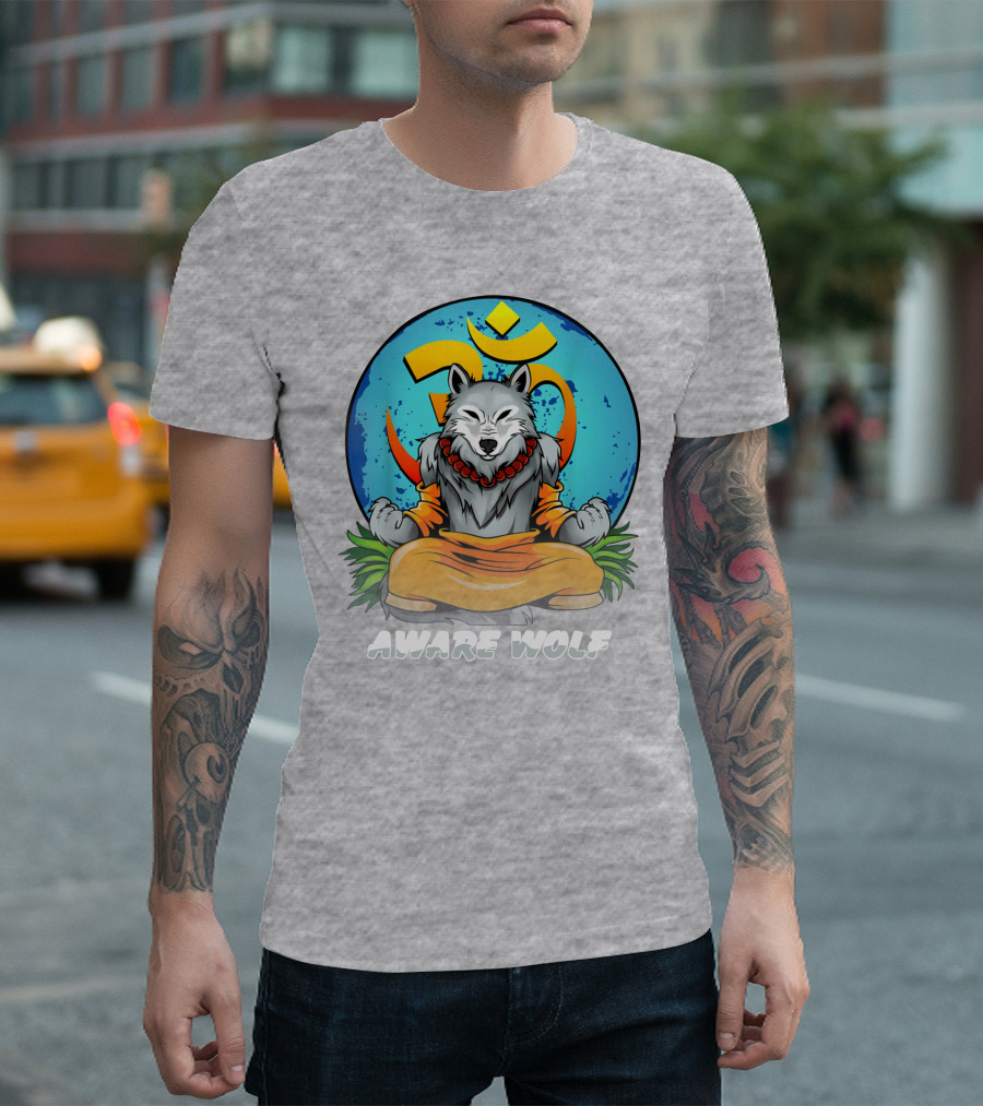 Aware Wolf Meditation Om Symbol Wolf T-Shirt