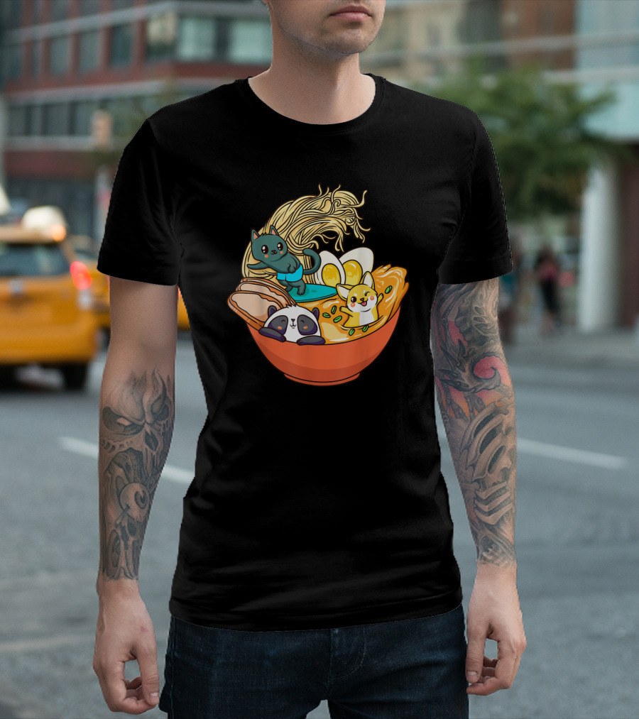 Cute Kawaii Cat Panda Dog In Ramen Bowl Japanese Anime Noodle T-Shirt