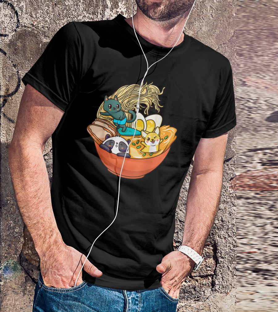 Cute Kawaii Cat Panda Dog In Ramen Bowl Japanese Anime Noodle T-Shirt