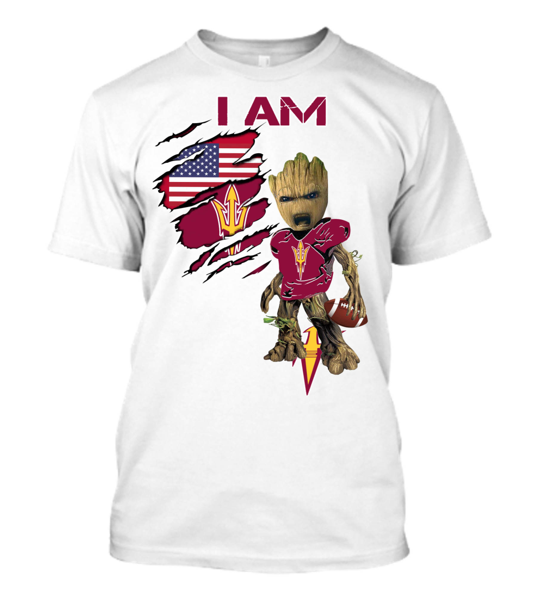 I Am ASU Baby Groot Football American Flag T-Shirt