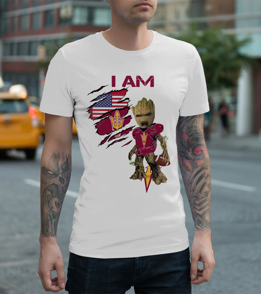 I Am ASU Baby Groot Football American Flag T-Shirt