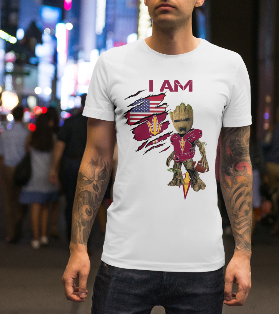 I Am ASU Baby Groot Football American Flag T-Shirt