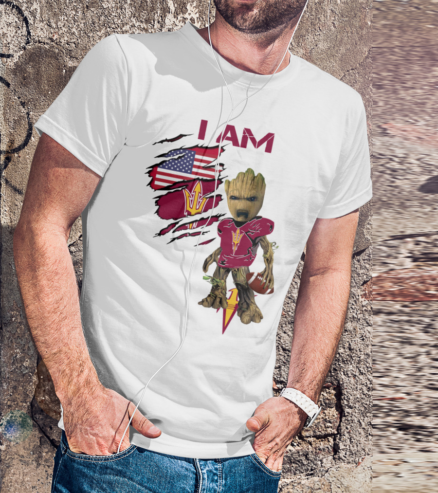 I Am ASU Baby Groot Football American Flag T-Shirt