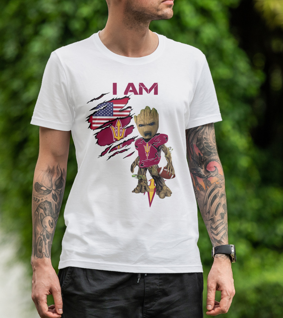 I Am ASU Baby Groot Football American Flag T-Shirt