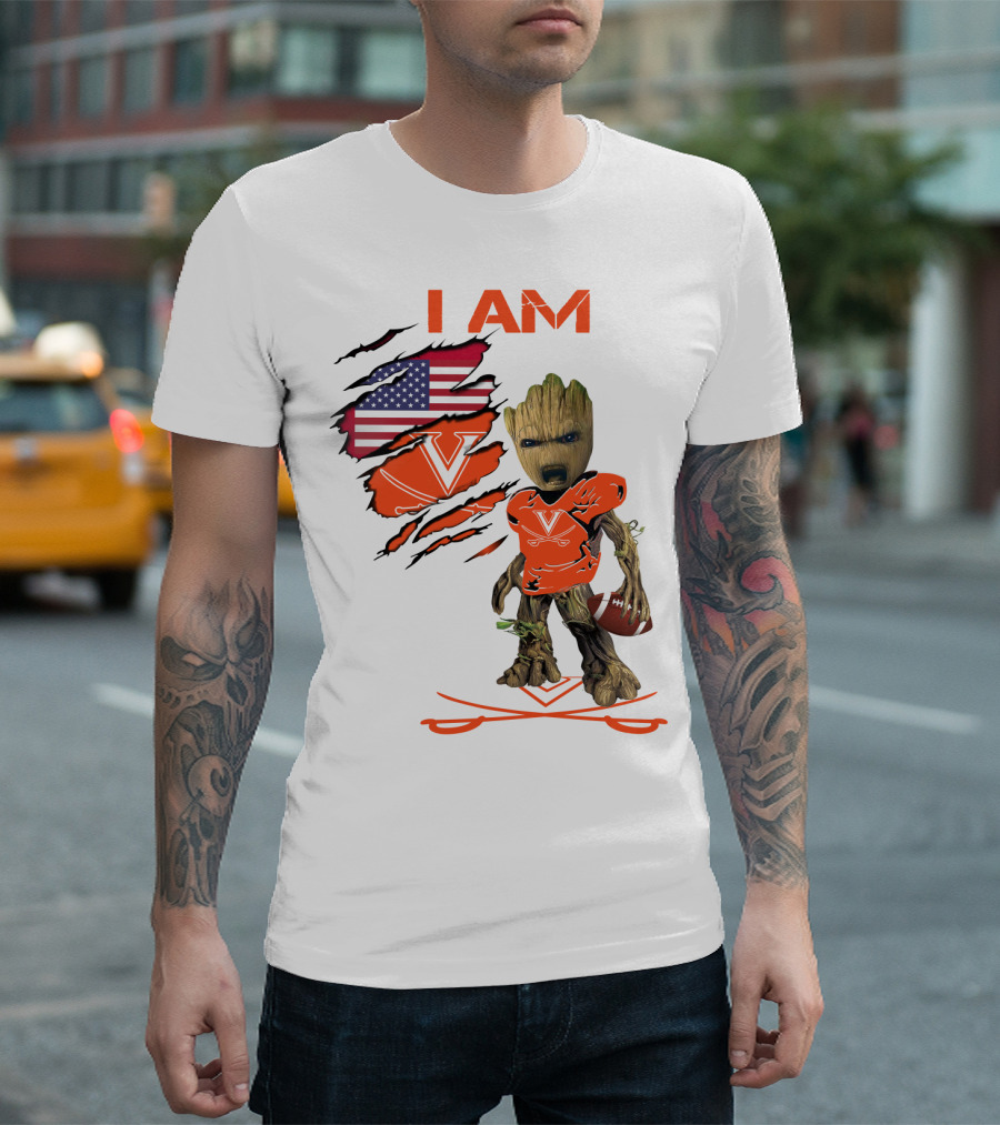 I Am Baby Groot Virginia Cavaliers Football Fan USA Flag T-Shirt