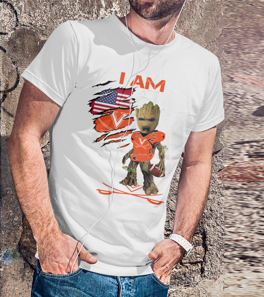 I Am Baby Groot Virginia Cavaliers Football Fan USA Flag T-Shirt