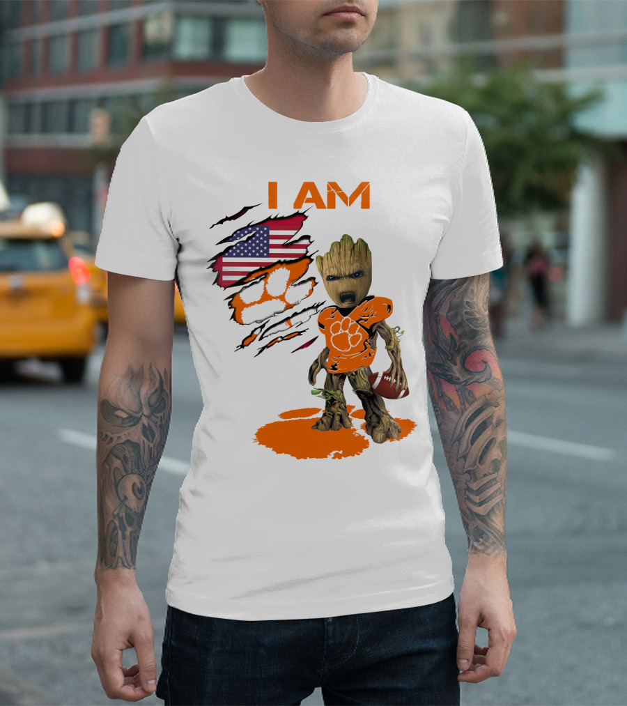 I AM Clemson Baby Groot American Flag Tiger Paw Football T-Shirt