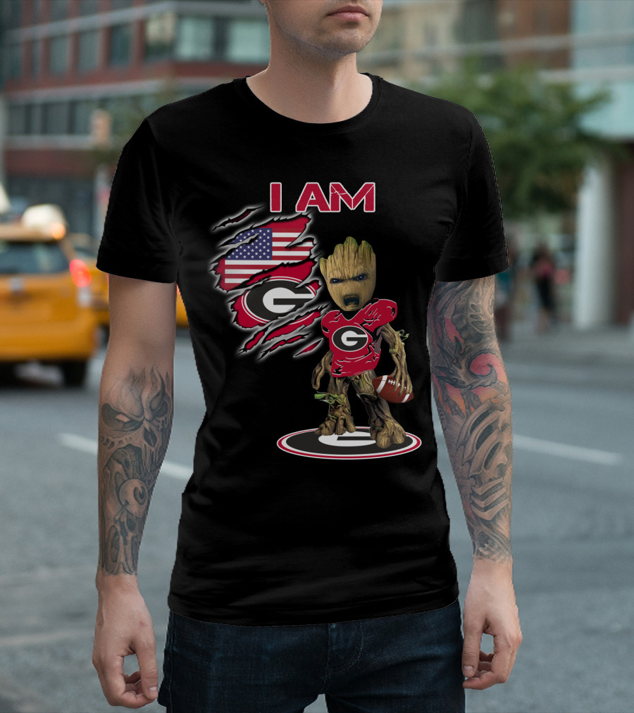 I AM Bulldogs Baby Groot Football G Fan American Flag T-Shirt