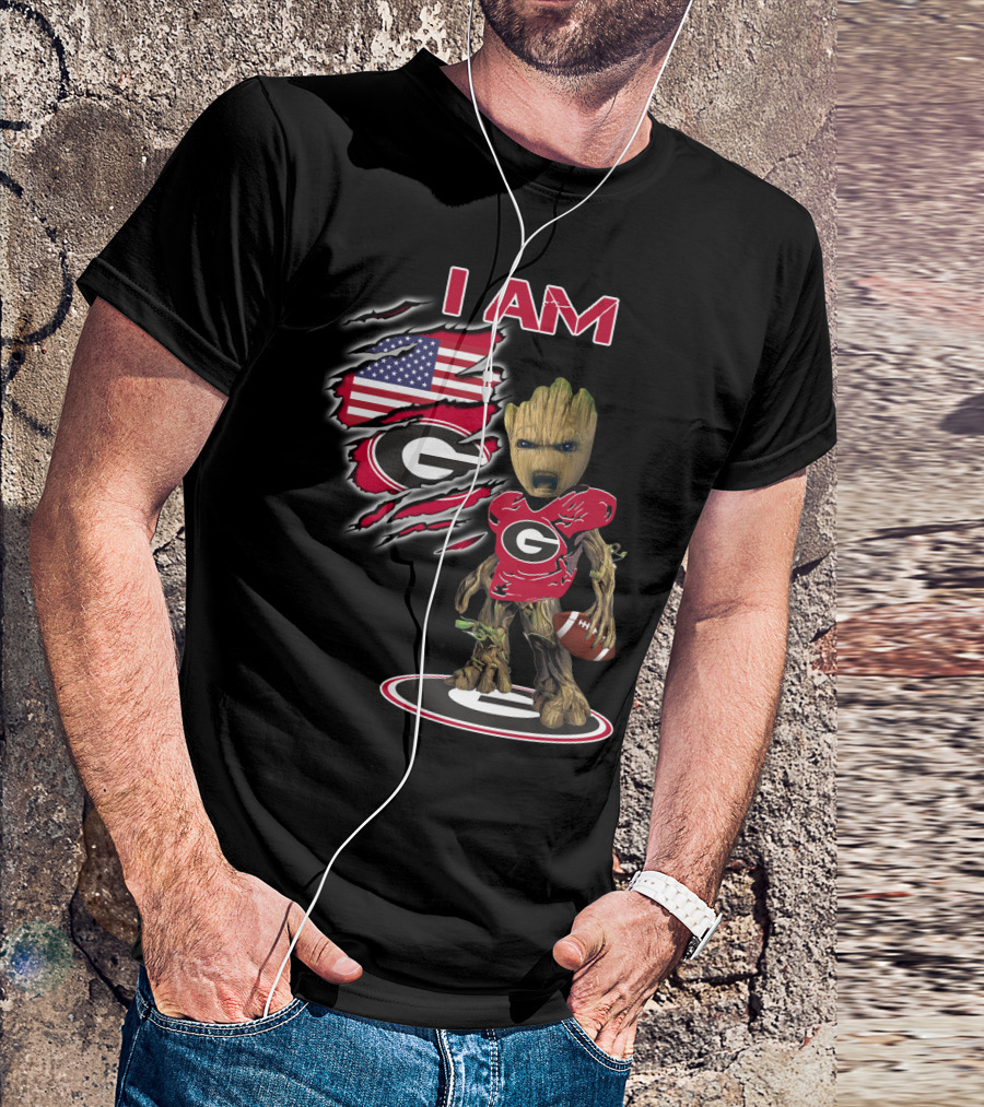 I AM Bulldogs Baby Groot Football G Fan American Flag T-Shirt
