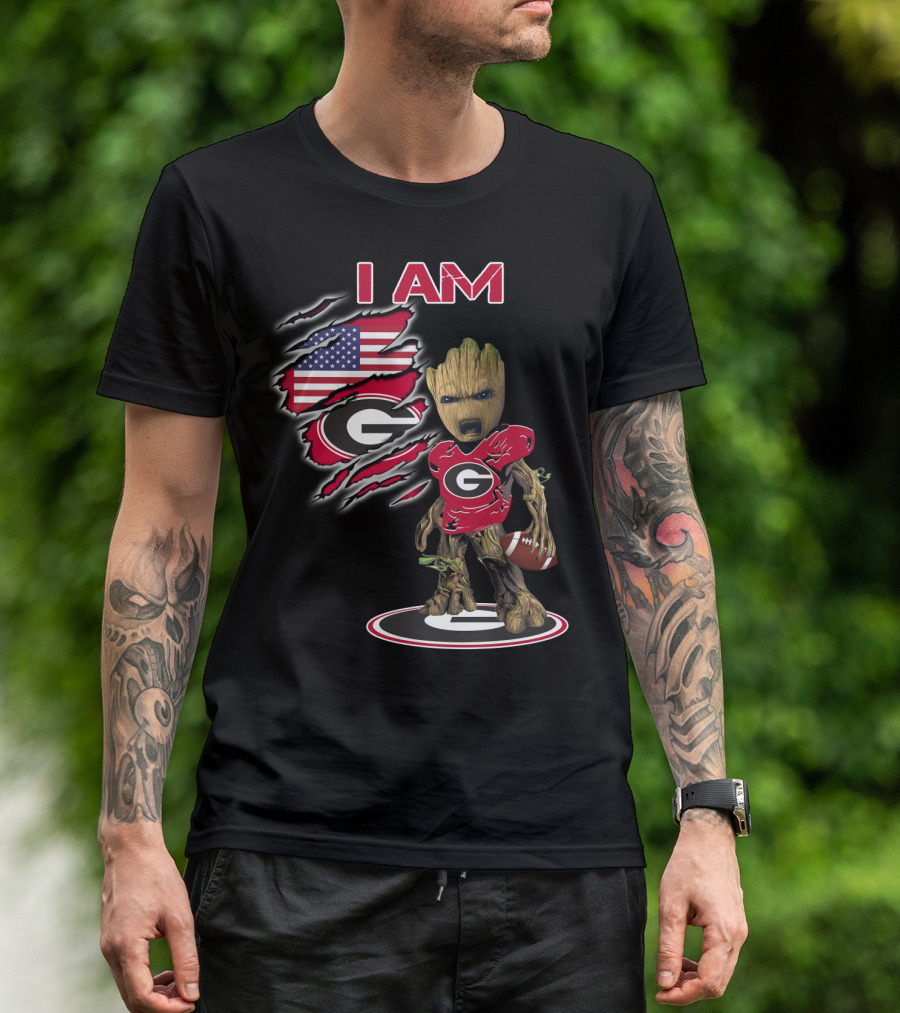 I AM Bulldogs Baby Groot Football G Fan American Flag T-Shirt