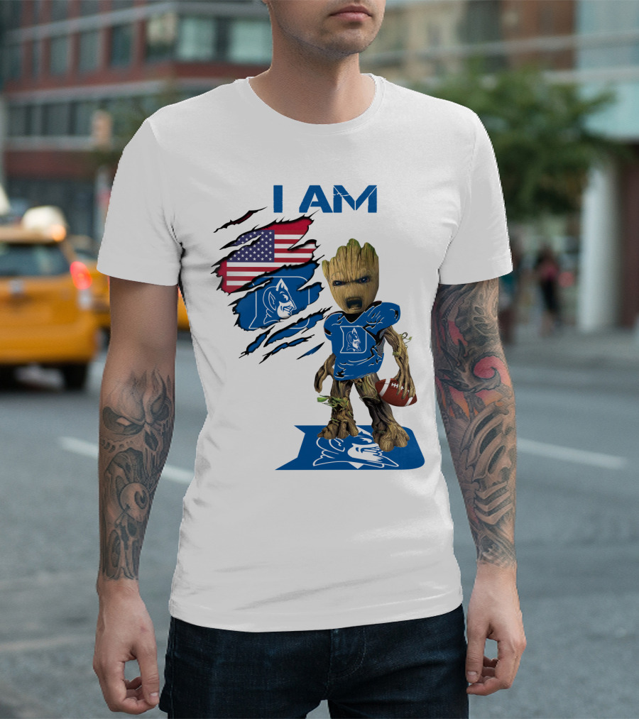 I Am Duke Baby Groot Holding Football With American Flag T-Shirt
