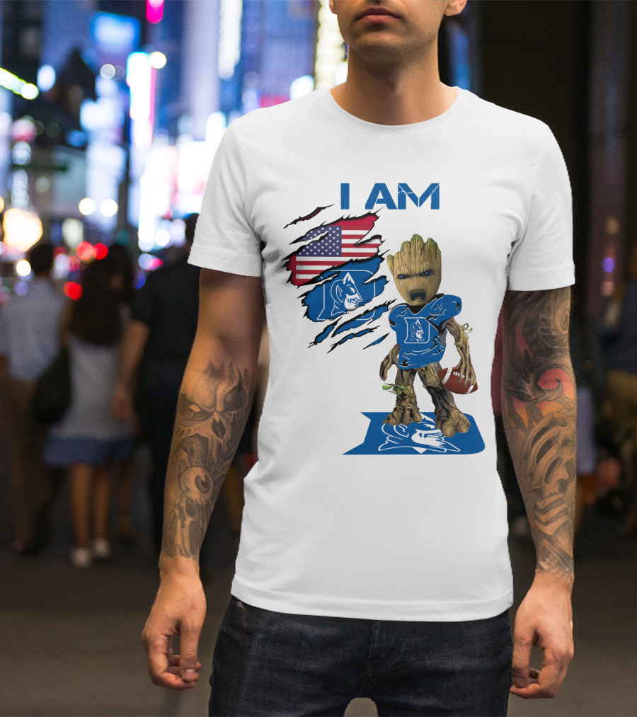 I Am Duke Baby Groot Holding Football With American Flag T-Shirt