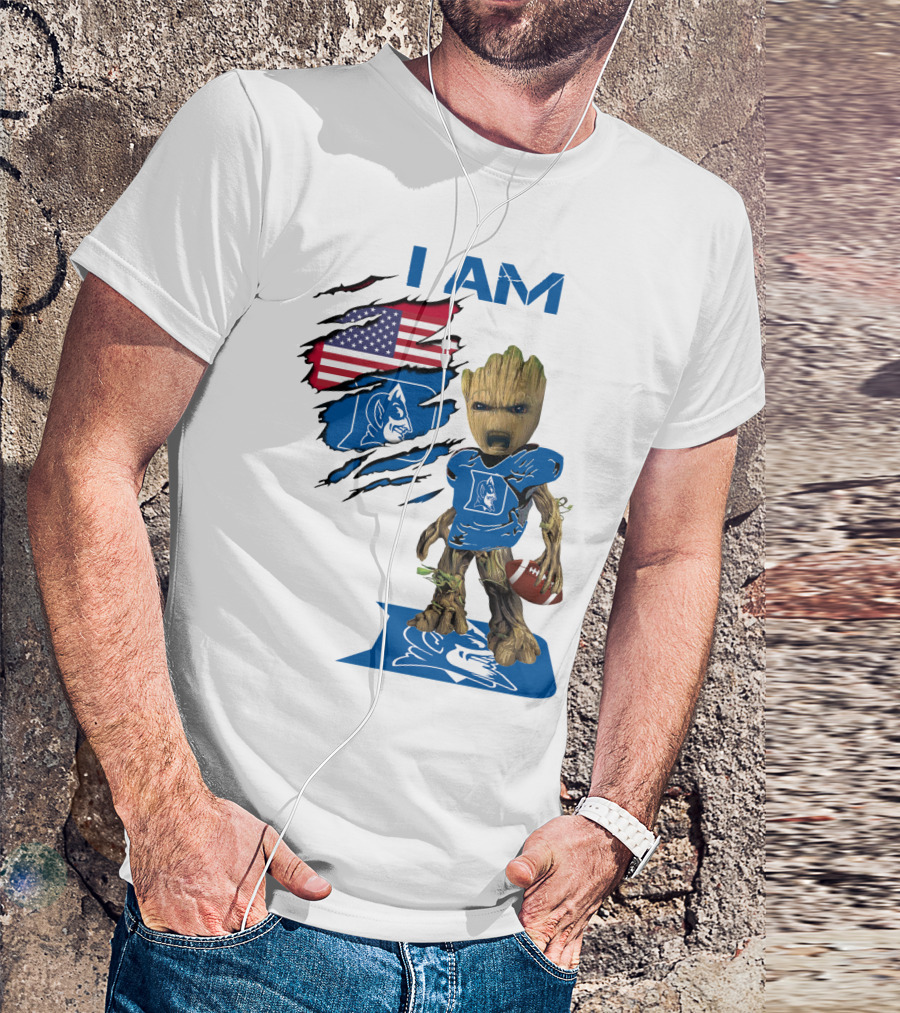 I Am Duke Baby Groot Holding Football With American Flag T-Shirt