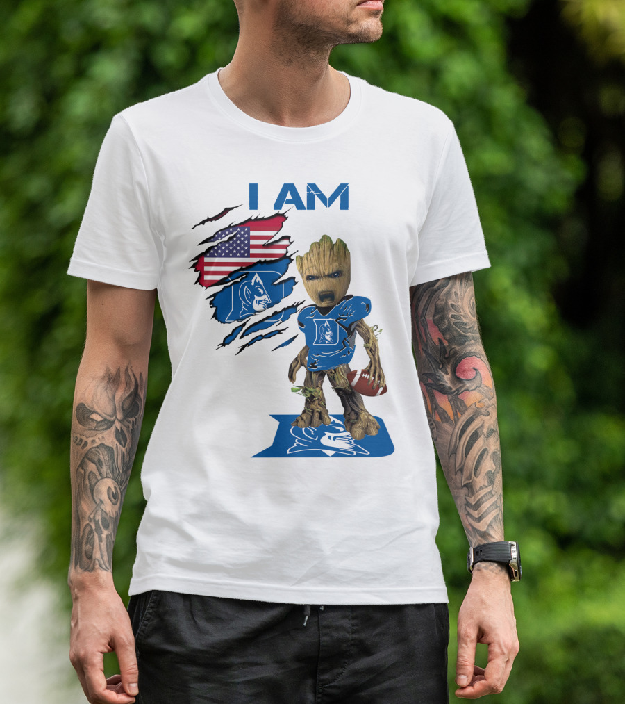 I Am Duke Baby Groot Holding Football With American Flag T-Shirt