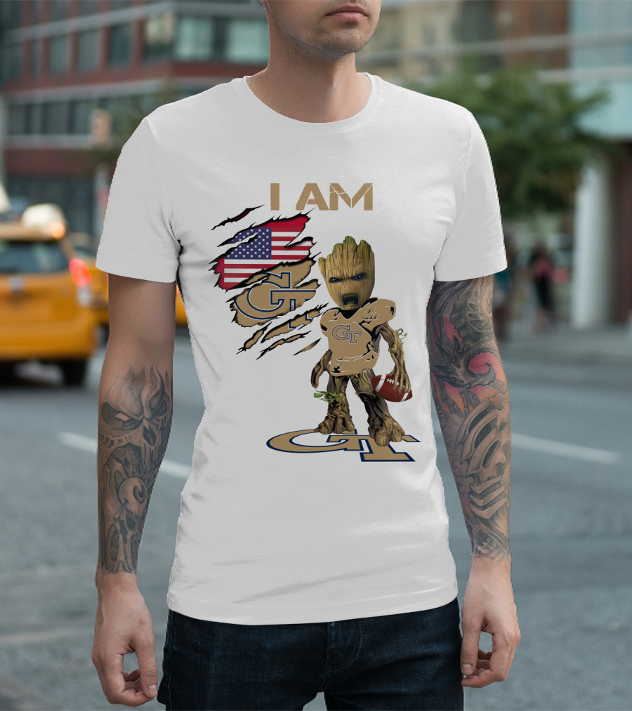 I AM Geo Baby Groot Football GT American Flag T-Shirt