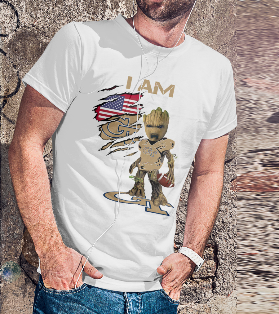 I AM Geo Baby Groot Football GT American Flag T-Shirt