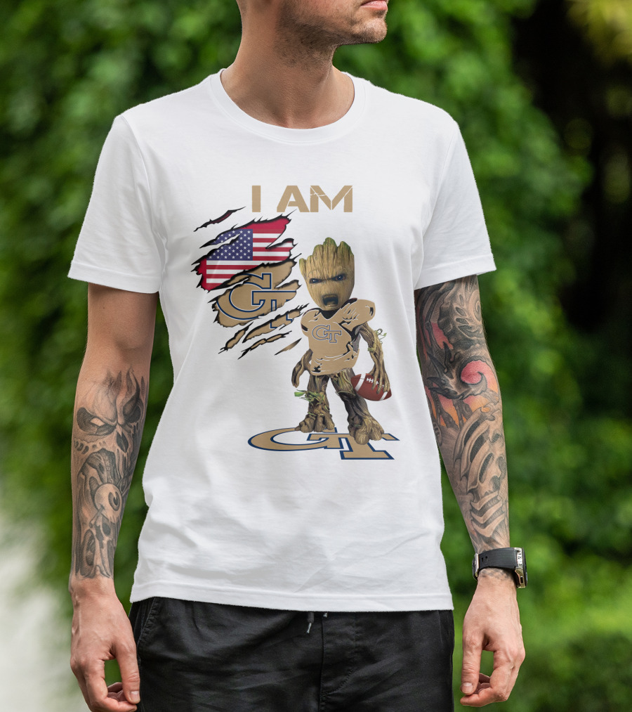 I AM Geo Baby Groot Football GT American Flag T-Shirt