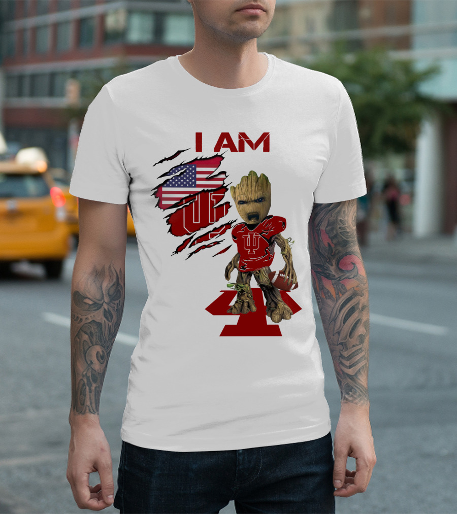 I AM Indiana Hoosiers Baby Groot Football USA Flag T-Shirt