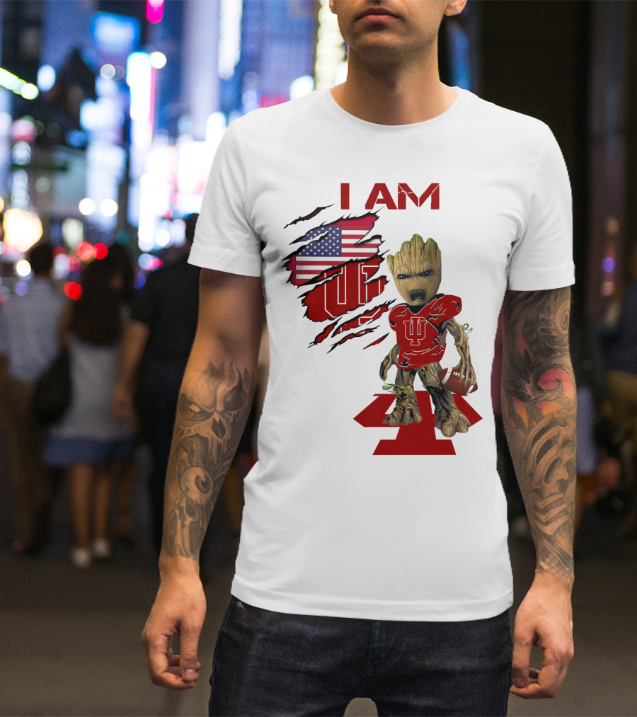 I AM Indiana Hoosiers Baby Groot Football USA Flag T-Shirt