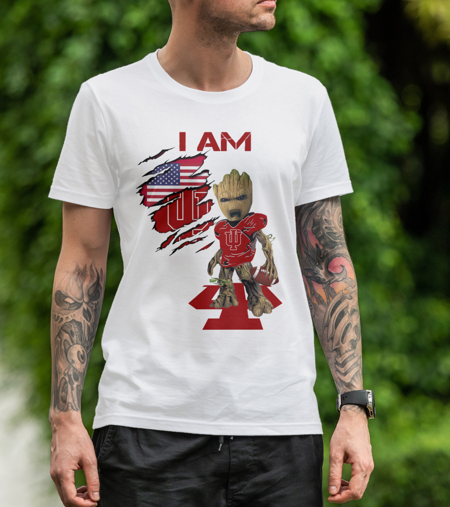 I AM Indiana Hoosiers Baby Groot Football USA Flag T-Shirt