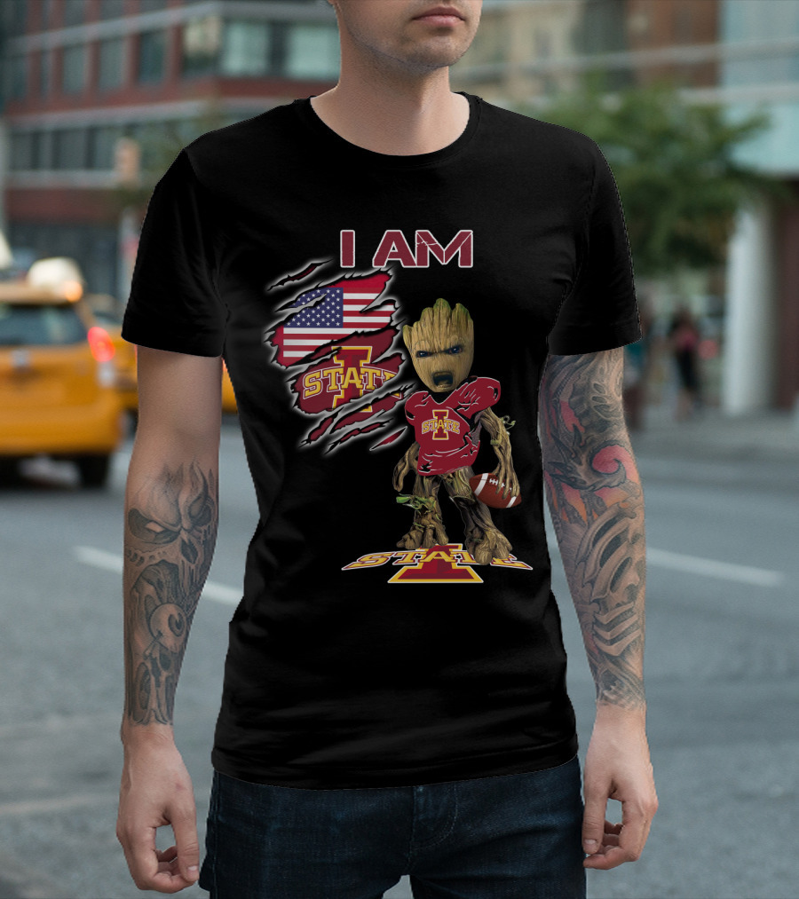 I Am Iowa State Baby Groot Football American Flag T-Shirt