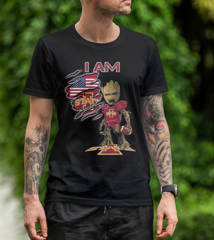 I Am Iowa State Baby Groot Football American Flag T-Shirt