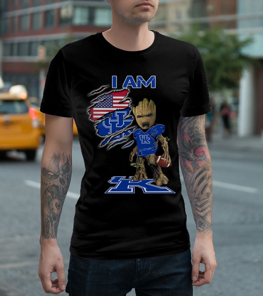 I Am Kentucky Uk Baby Groot American Flag Football Uk Wildcats Fan T-Shirt