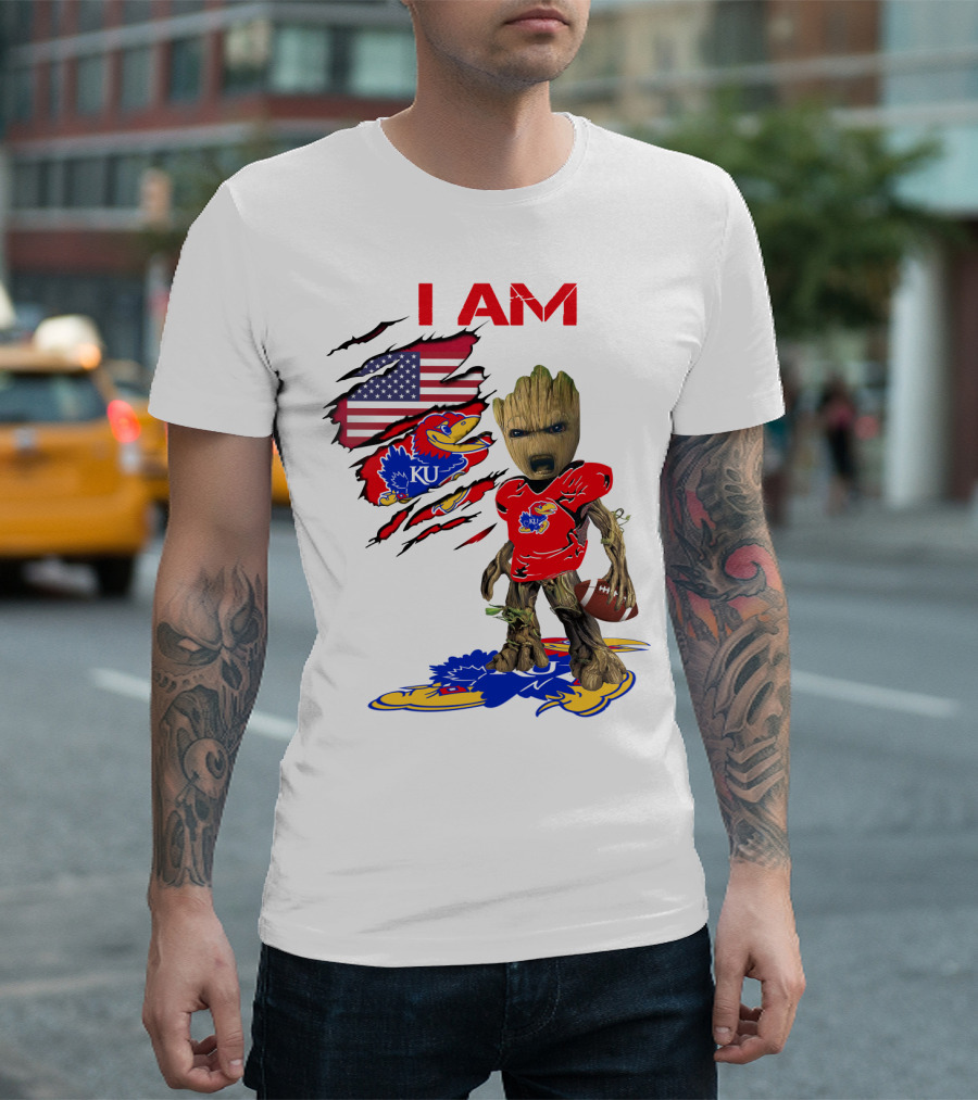 I AM Baby Groot KU Football Jayhawks American Flag T-Shirt