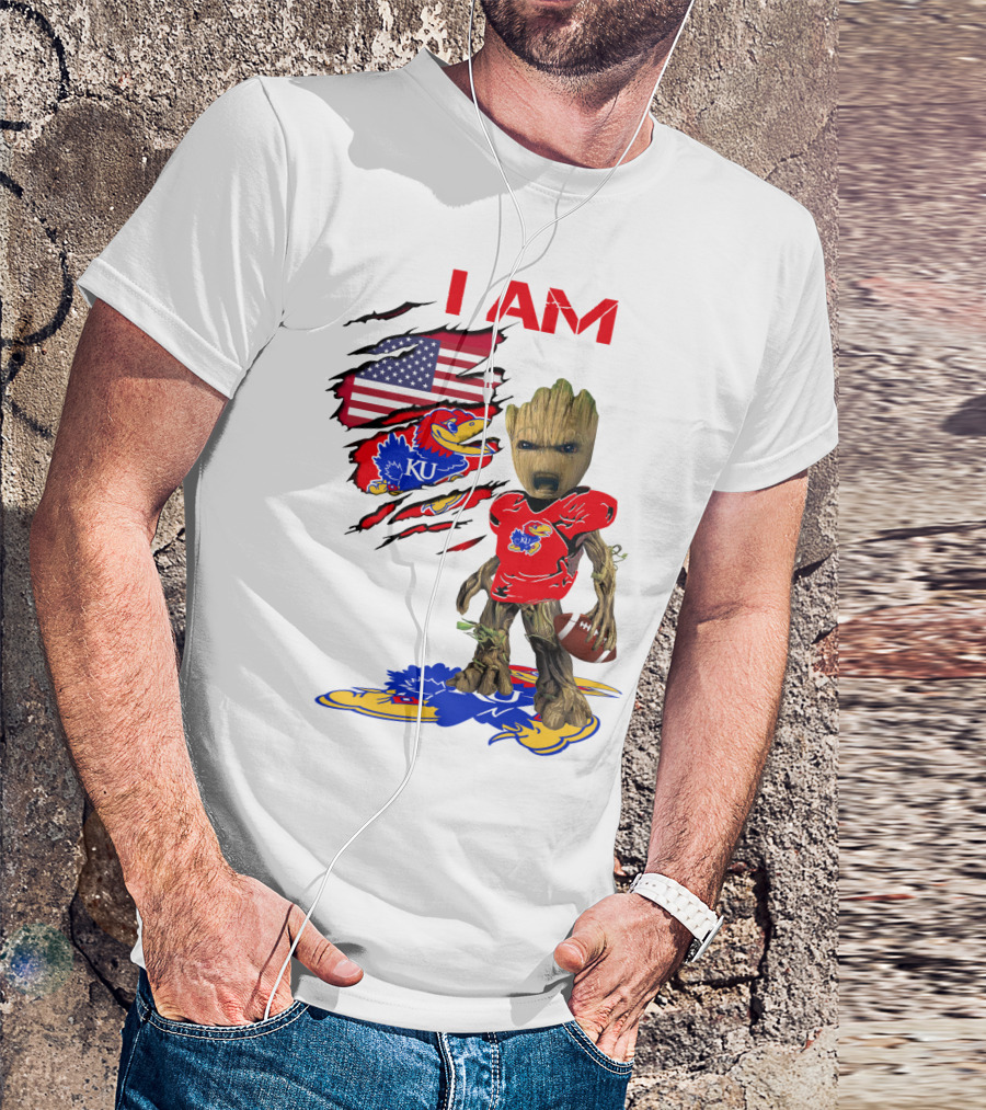 I AM Baby Groot KU Football Jayhawks American Flag T-Shirt