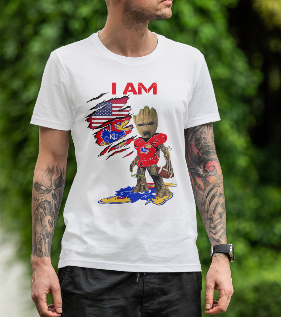 I AM Baby Groot KU Football Jayhawks American Flag T-Shirt