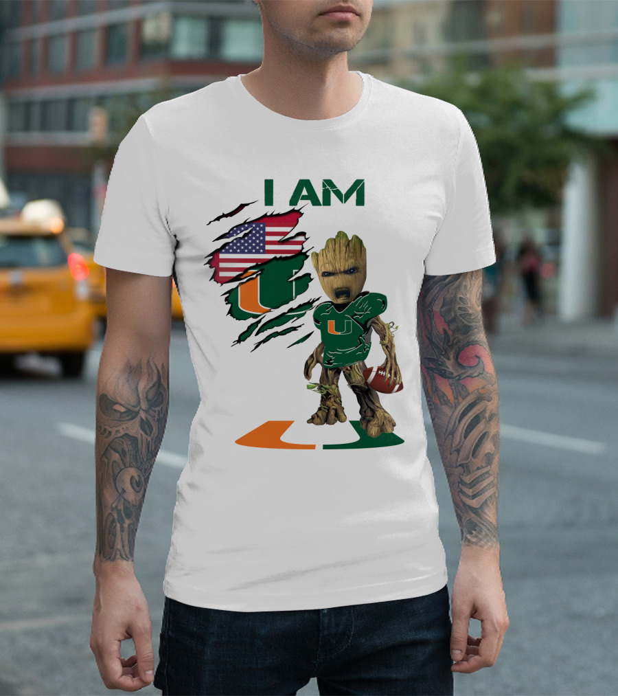 I AM Miami Hurricanes Baby Groot Football USA Flag T-Shirt