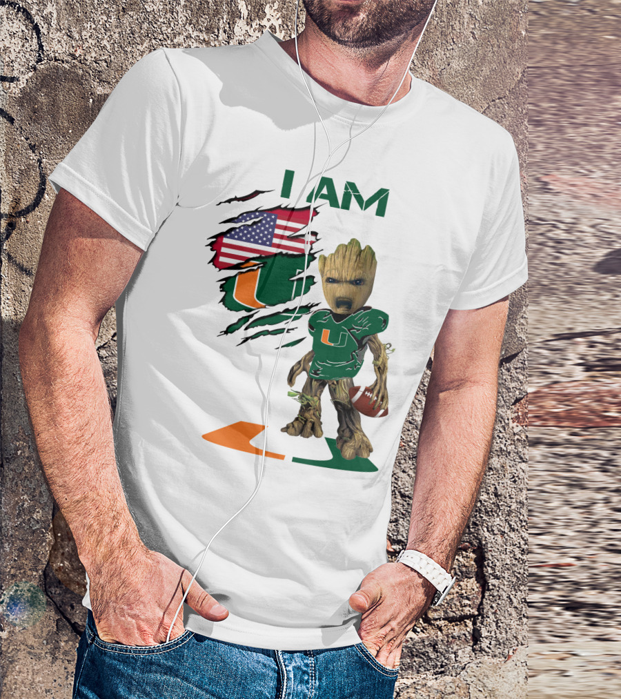 I AM Miami Hurricanes Baby Groot Football USA Flag T-Shirt