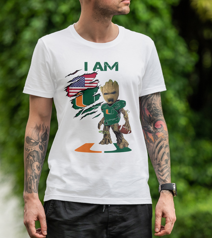 I AM Miami Hurricanes Baby Groot Football USA Flag T-Shirt