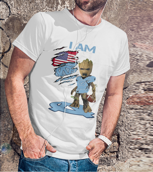 I Am Baby Groot Tarheels Football USA Flag T-Shirt