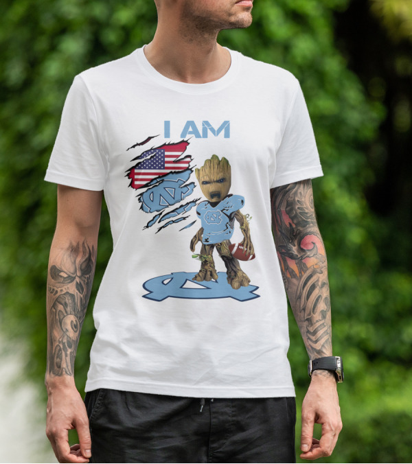 I Am Baby Groot Tarheels Football USA Flag T-Shirt